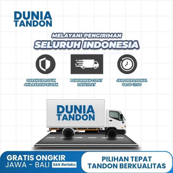 Logo Dunia Tandon dengan ilustrasi pengiriman cepat ke seluruh Indonesia dan jam operasional.