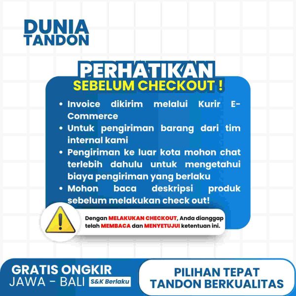 Informasi penting dari Dunia Tandon mengenai proses checkout, invoice, dan pengiriman barang besar.