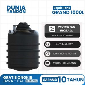 Septic Tank GRAND 1000 Liter hitam dengan teknologi Bioball (paten S00202005922), anti mampet, 100% HDPE murni, dan mudah dipasang.