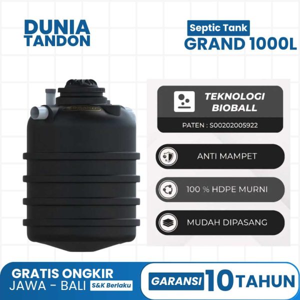 Septic Tank GRAND 1000 Liter hitam dengan teknologi Bioball (paten S00202005922), anti mampet, 100% HDPE murni, dan mudah dipasang.