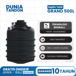 Septic Tank GRAND 500 Liter hitam dengan teknologi Bioball (paten S00202005922), anti mampet, 100% HDPE murni, dan mudah dipasang.