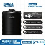 Tangki Air GRAND 2200 Liter hitam dengan fitur gratis plumbing kit & saringan, anti lumut & virus, 100% HDPE murni, dan triple protection.