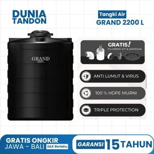 Tangki Air GRAND 2200 Liter hitam dengan fitur gratis plumbing kit & saringan, anti lumut & virus, 100% HDPE murni, dan triple protection.