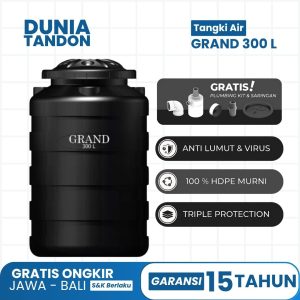 Tangki Air GRAND 300 Liter hitam dengan fitur gratis plumbing kit & saringan, anti lumut & virus, 100% HDPE murni, dan triple protection.