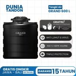 Tangki Air GRAND 600 Liter hitam dengan fitur gratis plumbing kit & saringan, anti lumut & virus, 100% HDPE murni, dan triple protection.