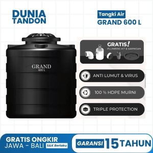 Tangki Air GRAND 600 Liter hitam dengan fitur gratis plumbing kit & saringan, anti lumut & virus, 100% HDPE murni, dan triple protection.