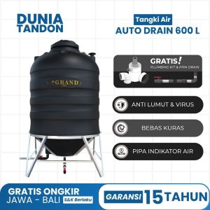 Tangki Air GRAND Auto Drain 600 Liter hitam dengan fitur gratis plumbing kit, anti lumut & virus, bebas kuras, dan pipa indikator air.