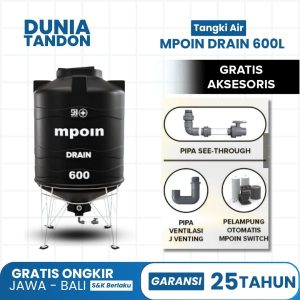 Tangki air MPOIN Drain 600 Liter hitam dengan kaki, gratis pipa see-through, J Venting, dan MPOIN Switch.