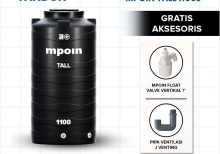Tangki air MPOIN Tall 1100 Liter hitam ramping, gratis MPOIN Float Valve Vertikal 1" dan Pipa Ventilasi J Venting.