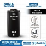 Tangki air MPOIN Tall 280 Liter hitam ramping, gratis MPOIN Float Valve Vertikal 1" dan Pipa Ventilasi J Venting.
