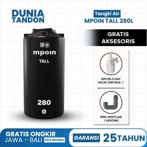 Tangki air MPOIN Tall 280 Liter hitam ramping, gratis MPOIN Float Valve Vertikal 1" dan Pipa Ventilasi J Venting.