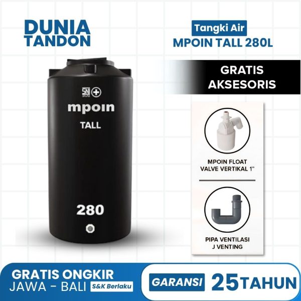 Tangki air MPOIN Tall 280 Liter hitam ramping, gratis MPOIN Float Valve Vertikal 1" dan Pipa Ventilasi J Venting.