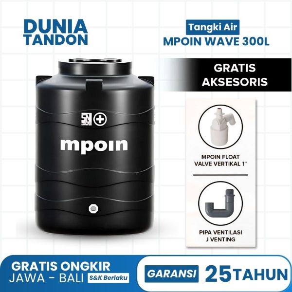 Tangki air MPOIN Wave 3600 Liter hitam, gratis MPOIN Float Valve Vertikal 1" dan Pipa Ventilasi J Venting.