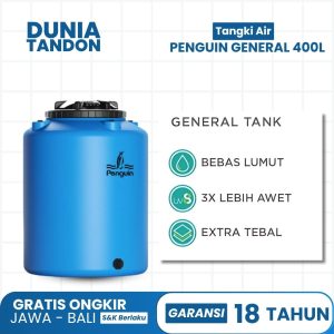 Tangki air Penguin General 400 Liter warna biru, bebas lumut, UV3 (3X lebih awet), dan ekstra tebal.