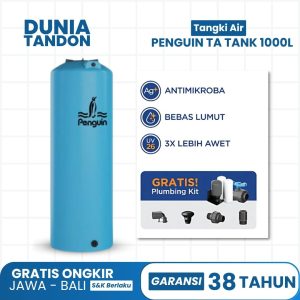 Tangki air Penguin TA Tank 1000 Liter warna biru, antimikroba, bebas lumut, UV26 (3X lebih awet), gratis plumbing kit.