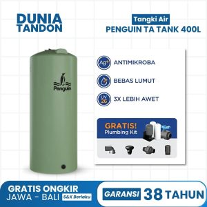 Tangki air Penguin TA Tank 400 Liter warna hijau, antimikroba, bebas lumut, UV26 (3X lebih awet), gratis plumbing kit.