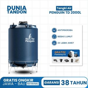 Tangki air Penguin TD 2000 Liter Total Drain warna biru, antimikroba, bebas lumut, 3X lebih awet UV, gratis plumbing kit.