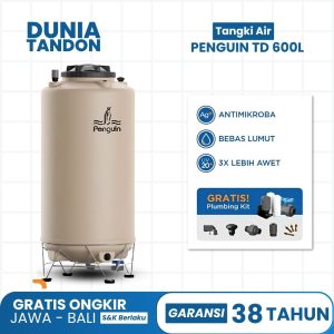 Tangki air Penguin TD 600 Liter Total Drain warna beige, antimikroba, bebas lumut, 3X lebih awet UV, gratis plumbing kit.