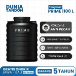 Tangki Air PRIME 1100 Liter warna hitam dengan fitur kokoh & anti pecah, anti lumut & virus, 100% HDPE murni, dan tahan sinar UV.