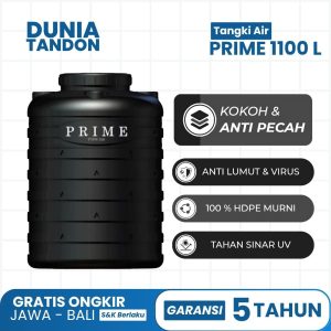 Tangki Air PRIME 1100 Liter warna hitam dengan fitur kokoh & anti pecah, anti lumut & virus, 100% HDPE murni, dan tahan sinar UV.