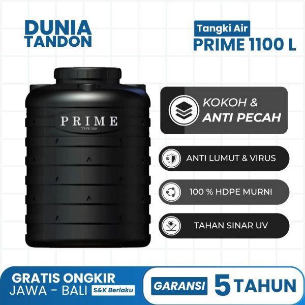Tangki Air PRIME 1100 Liter warna hitam dengan fitur kokoh & anti pecah, anti lumut & virus, 100% HDPE murni, dan tahan sinar UV.