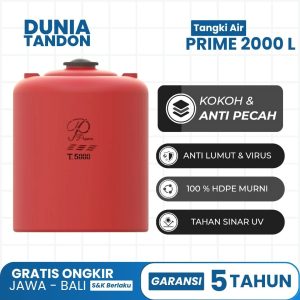 Tangki Air PRIME 2000 Liter warna merah dengan fitur kokoh & anti pecah, anti lumut & virus, 100% HDPE murni, dan tahan sinar UV.