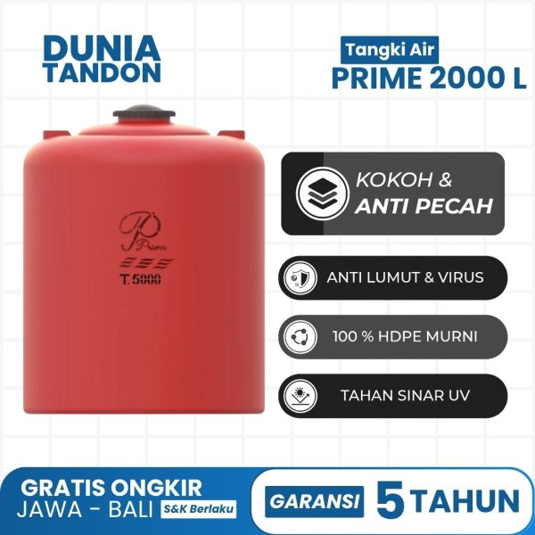 Tangki Air PRIME 2000 Liter warna merah dengan fitur kokoh & anti pecah, anti lumut & virus, 100% HDPE murni, dan tahan sinar UV.
