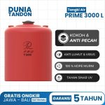 Tangki Air PRIME 3000 Liter warna merah dengan fitur kokoh & anti pecah, anti lumut & virus, 100% HDPE murni, dan tahan sinar UV.