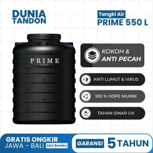 Tangki Air PRIME 550 Liter warna hitam dengan fitur kokoh & anti pecah, anti lumut & virus, 100% HDPE murni, dan tahan sinar UV.