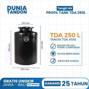 Tangki air Profil Tank TDA 250 Liter warna hitam, terbuat dari bahan PE asli, tahan benturan, dan weather shield.