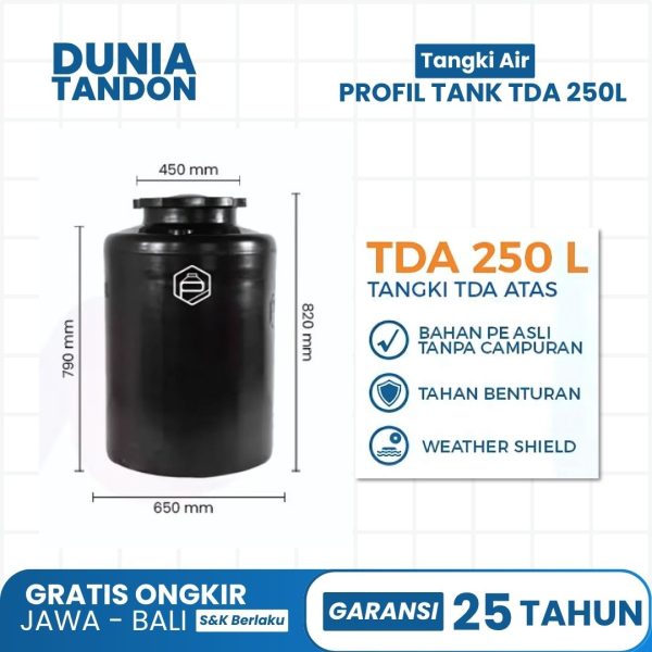 Tangki air Profil Tank TDA 250 Liter warna hitam, terbuat dari bahan PE asli, tahan benturan, dan weather shield.