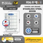 Tangki air Grand Stainless Steel TSV 2500 vertikal dengan material 304 BA, bebas kuras, dan anti karat.