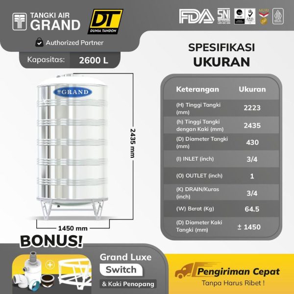 Tabel spesifikasi ukuran dan kapasitas 2600 liter Tangki Air Grand Stainless Steel TSV 3000.
