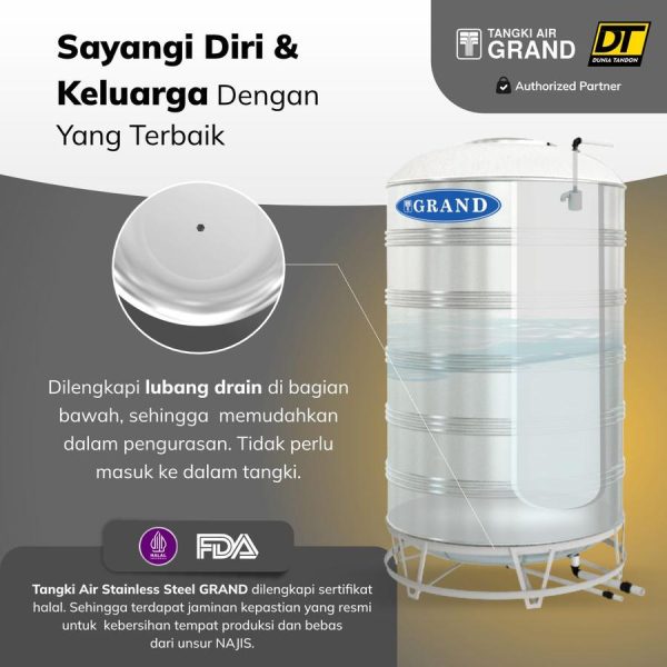 Tangki air Grand dengan lubang drain bawah, bersertifikat Halal dan FDA.