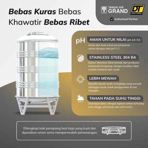 Keunggulan Tangki Air Grand: Aman pH, Stainless 304 BA, mewah, tahan suhu tinggi.