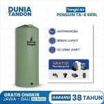 Tangki air Penguin TA-6 600 Liter hijau dengan fitur antimikroba, bebas lumut, UV26 (3X lebih awet), dan gratis plumbing kit.