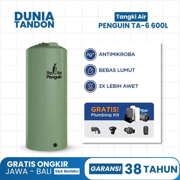 Tangki air Penguin TA-6 600 Liter hijau dengan fitur antimikroba, bebas lumut, UV26 (3X lebih awet), dan gratis plumbing kit.