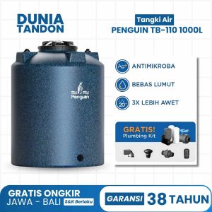 Tangki air Penguin TB-110 1000 Liter biru gelap dengan fitur antimikroba, bebas lumut, UV20 (3X lebih awet), dan gratis plumbing kit.