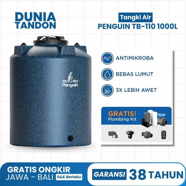Tangki air Penguin TB-110 1000 Liter biru gelap dengan fitur antimikroba, bebas lumut, UV20 (3X lebih awet), dan gratis plumbing kit.