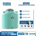 Tangki air Penguin TB-220 2200 Liter tosca dengan fitur antimikroba, bebas lumut, UV20 (3X lebih awet), dan gratis plumbing kit.