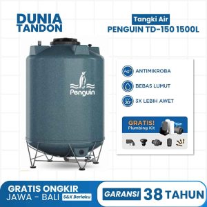 Tangki air Penguin TD-150 1500 Liter warna granit dengan fitur antimikroba, bebas lumut, UV20 (3X lebih awet), dan gratis plumbing kit.