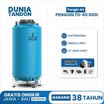 Tangki air Penguin TD-60 600 Liter biru dengan fitur antimikroba, bebas lumut, UV20 (3X lebih awet), dan gratis plumbing kit.