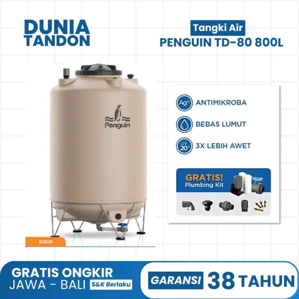 Tangki air Penguin TD-80 800 Liter krem dengan fitur antimikroba, bebas lumut, UV20 (3X lebih awet), dan gratis plumbing kit.