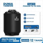 Tangki air Penguin TQ-55 500 Liter hitam dengan fitur antimikroba, antibocor, anti-float, dan gratis plumbing kit.