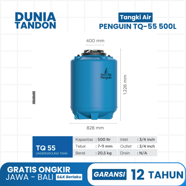 Tabel spesifikasi Tangki Air Penguin TQ-55 500 Liter: tinggi 1226mm, diameter 828mm, tebal 7-11mm, berat 20.5kg, fitting 3/4 inci.