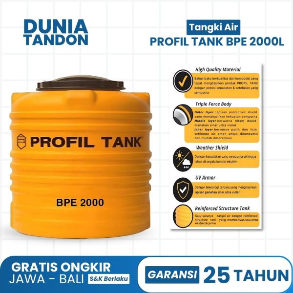 Tangki air Profil Tank BPE 2000 Liter warna orange, material HDPE kualitas tinggi, Triple Force Body, UV Armor, Reinforced Structure Tank.