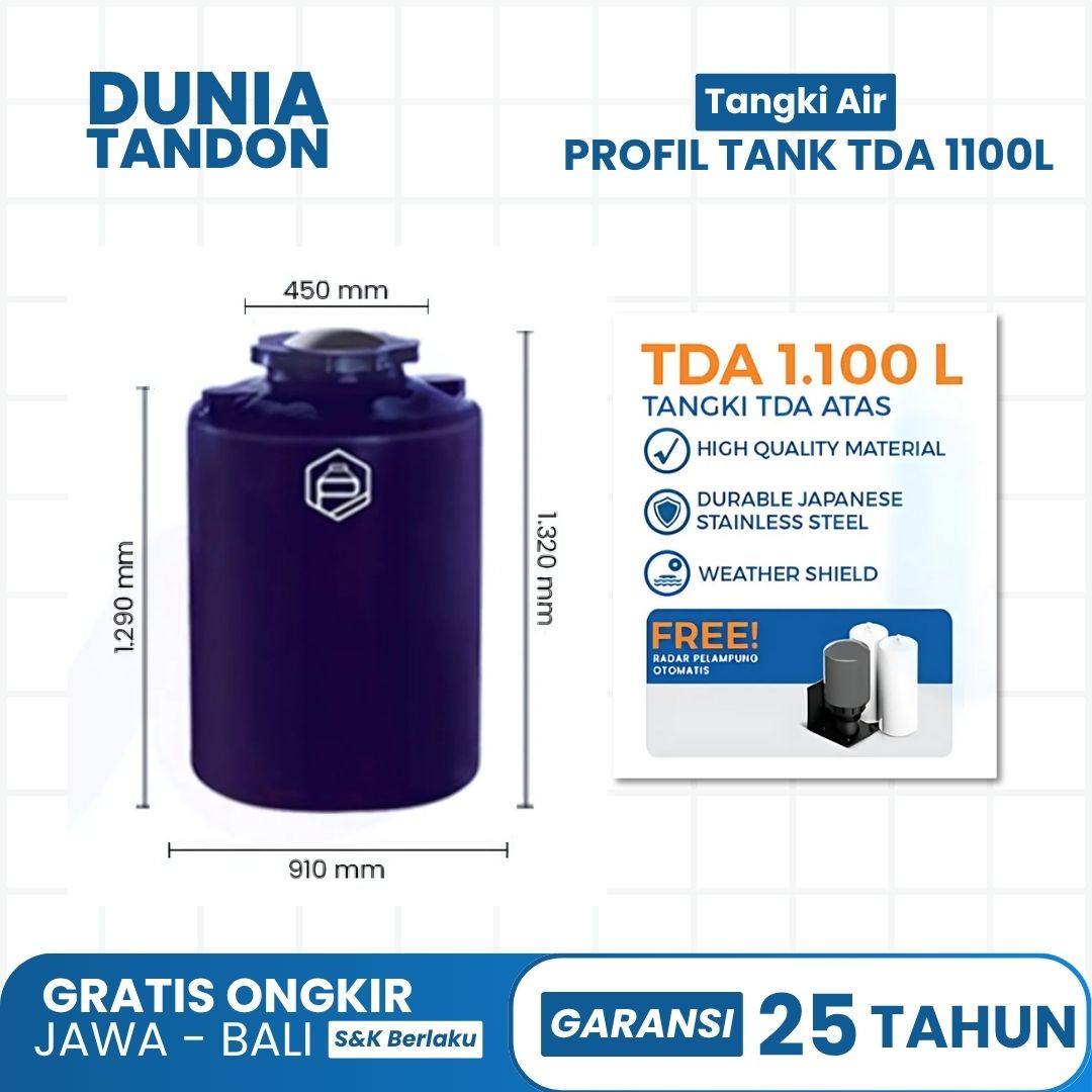 Tangki air Profil Tank TDA 1100 Liter warna biru, bahan PE kualitas tinggi, durable, weather shield, gratis radar pelampung otomatis.