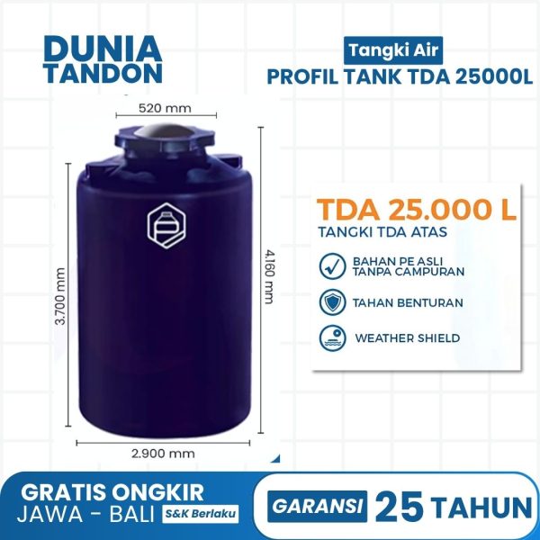 Tangki air Profil Tank TDA 25000 Liter warna biru, bahan PE asli, tahan benturan, dan weather shield.