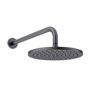 Head shower Wasser RSS-011 warna satin grey, dengan lengan shower kuningan, diameter 245mm, dan nozzle easy clean.