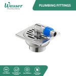Floor drain Wasser HSA-6448 FG, persegi, material kuningan, konektor mesin cuci, anti serangga dan bau, mudah pasang.